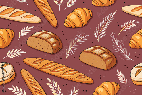 Generate a repeating seamless pattern featuring realistically rendered croissants, bread loaves, and other bakery items.  Include a variety of shapes, sizes, and baked goods.