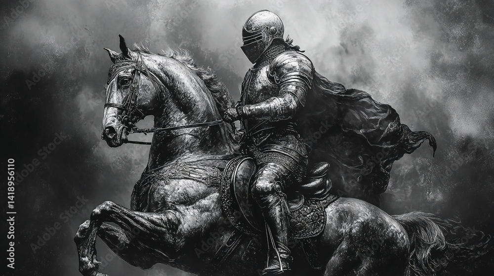 Fototapeta premium Medieval knight in full armor riding a rearing horse, showcasing intricate vintage engraving details — sketch-style engraving, scratchboard imitation, black and white illustration