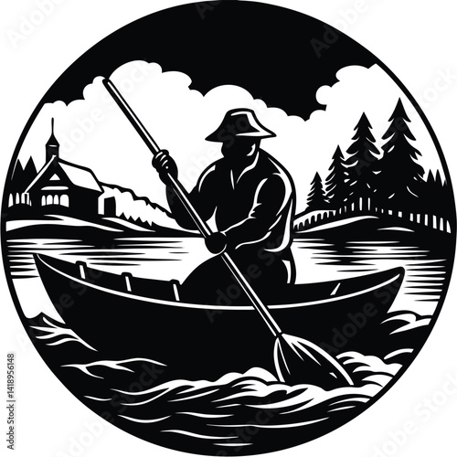 Vintage Woodcut Illustration: Man Rowing Boat on Lake with Church & Trees. Classic Black & White Nautical Scene Artwork