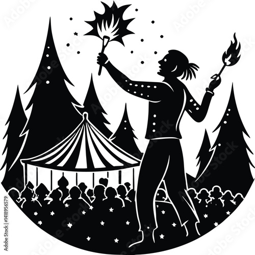 Black & White Woodcut Illustration: Fire Performer at Circus in Forest. Vintage Style Art Print of Juggler with Torches. Crowd & Tent.