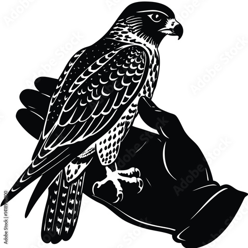 Falconry Illustration: Black & White Vector Graphic of a Falcon Perched on a Gloved Hand, Bird of Prey Art, Wildlife Design