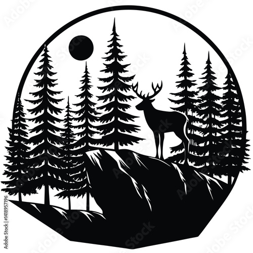 Deer Silhouette in Forest Landscape: Black and White Vector Illustration of Nature Scene with Trees and Wildlife