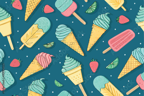 Design a vibrant, seamless pattern featuring delicious ice cream cones, popsicles, and scoops in various flavors and colors.