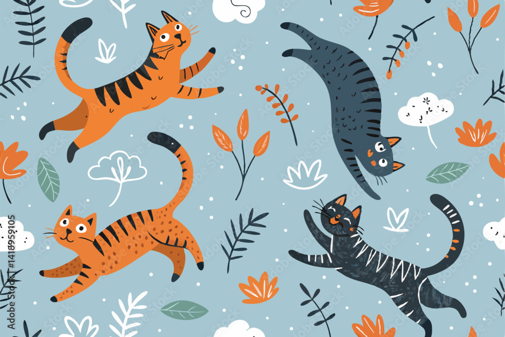 Create a vibrant, seamless pattern featuring playful cats acrobatically jumping and rolling in various dynamic poses. Include diverse cat breeds and colors. Create a vibrant, seamless pattern featuring playful cats acrobatically jumping and rolling in various dynamic poses. Include diverse cat breeds and colors.
