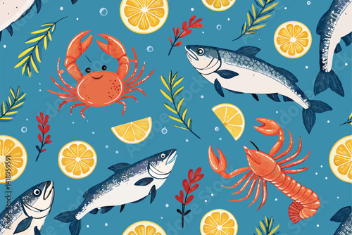 Create a vibrant, seamless pattern featuring realistically illustrated shrimp, crab, and fish, suitable for fabric or wallpaper.  Include detailed textures and a playful, underwater feel.