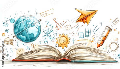 Minimal white background with colorful 3D handdrawn education and science symbols, book, paper plane, globe, equations, and gears, imaginative learning design