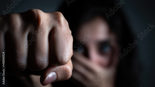 A woman is making an angry gesture and covering her mouth from behind. Scared wife who is in danger. Menace. Oppression. Sense of fear. Fist
