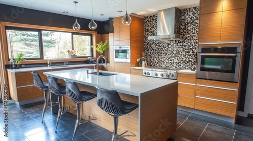 Modern kitchen features wood cabinets and island with barstools