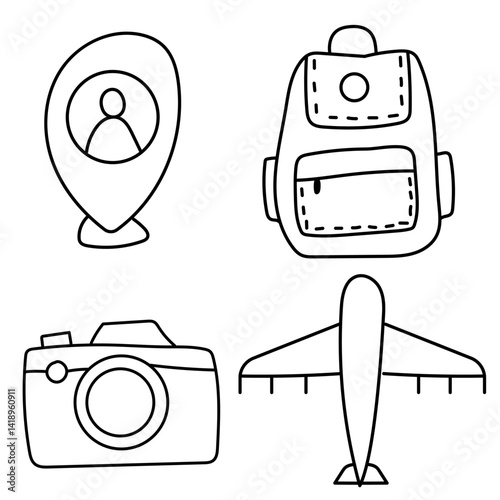 Set of Travel Doodle Icons with Location Pin, Backpack, Photo Camera and Airplane, Hand Drawn Vector Elements for Adventure, Vacation, Tourism and Trip Planner Design