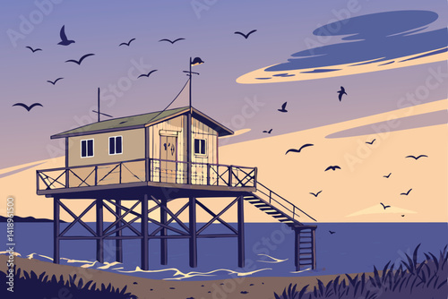 A quaint, weathered fishing shack on stilts over turquoise sea water, surrounded by flying seabirds in Florida.  Detailed, vibrant colors.