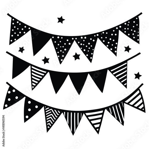 Black and White Party Bunting Vector Illustration: Pennant Banner Decorations with Stars, Stripes, and Polka Dots for Celebrations
