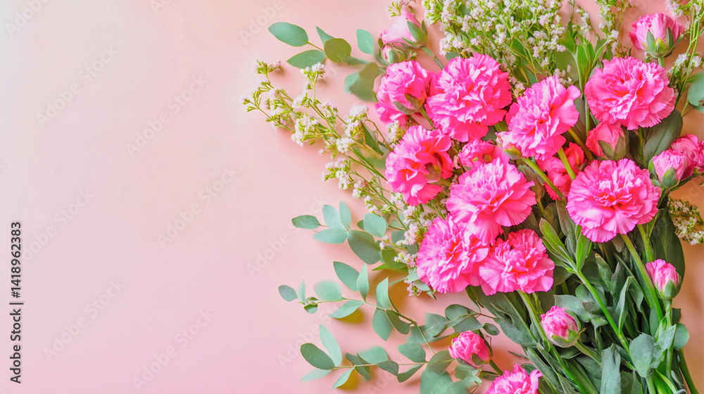 Fototapeta premium ピンクの背景にカーネーションの花束が置かれたフラットレイ（文字なし）