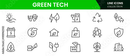 Green Tech & Sustainability vector icons for sustainability, solar, wind, clean power, green tech, net-zero, and eco solutions