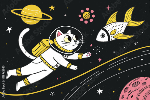 A whimsical illustration of a sleek, orange space cat playfully pursuing a star-shaped, iridescent fish in a vibrant, swirling nebula.  Dreamy, cosmic scene.