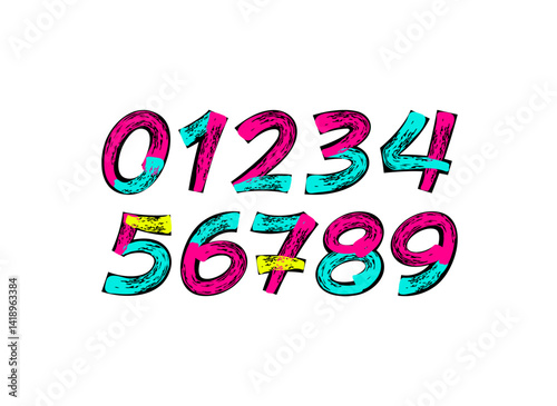 Brush italic numbers, paint numerals 0 to 9