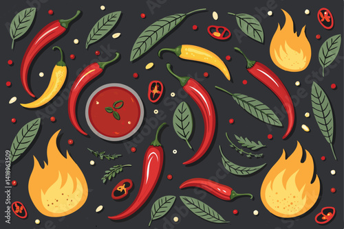 Design vibrant icons depicting spicy food chili peppers, sambal oelek, with fiery effects.  Include realistic details and a modern, clean aesthetic.