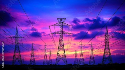 Electric towers sunset landscape, power grid energy transmission