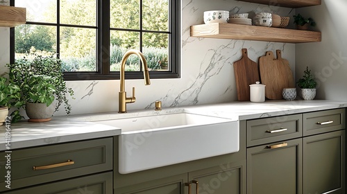 Farmhouse kitchen sink, gold faucet, marble backsplash.  Lifestyle image for home decor