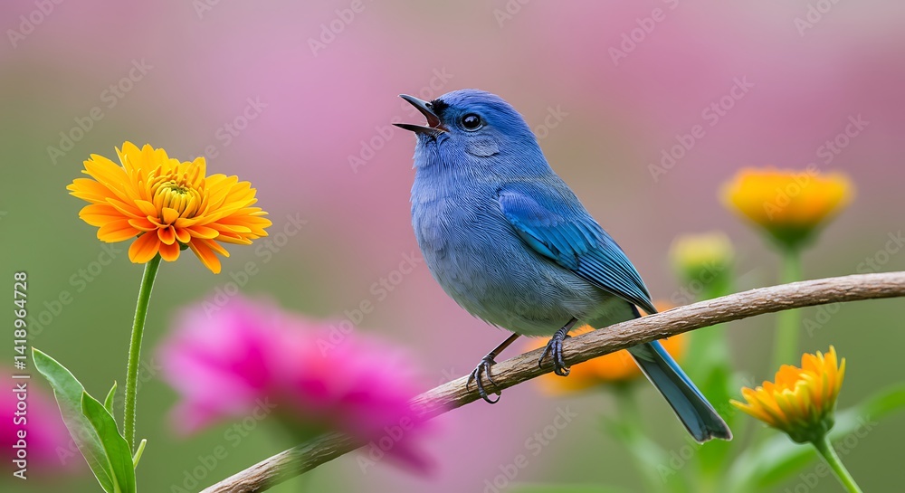 Fototapeta premium Singing Bird on Branch Among Colorful Flowers in a Meadow