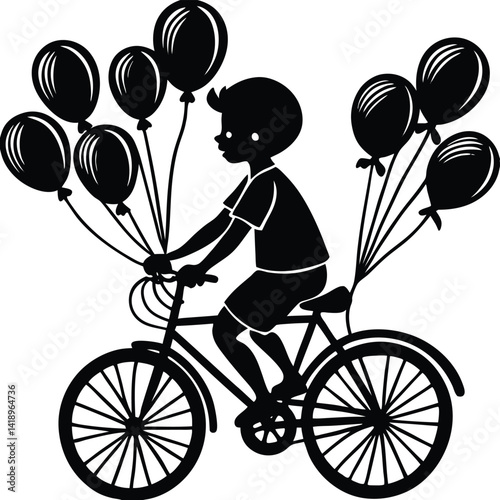 Silhouette of Boy Riding Bicycle with Balloons | Vector Illustration | Children's Art | Black and White Graphic Design