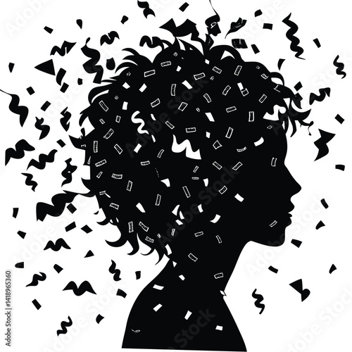 Silhouette of a Woman's Head with Confetti: Mental Health, Anxiety, Stress, Overwhelmed, Abstract Illustration, Black and White Art