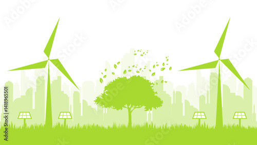 Ecology concept with green city silhouette sustainable development environment concept vector illustration good for web banner, ads banner, campaign banner, wallpaper, backdrop and green campaign