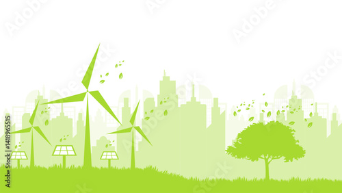 Ecology concept with green city silhouette sustainable development environment concept vector illustration good for web banner, ads banner, campaign banner, wallpaper, backdrop and green campaign