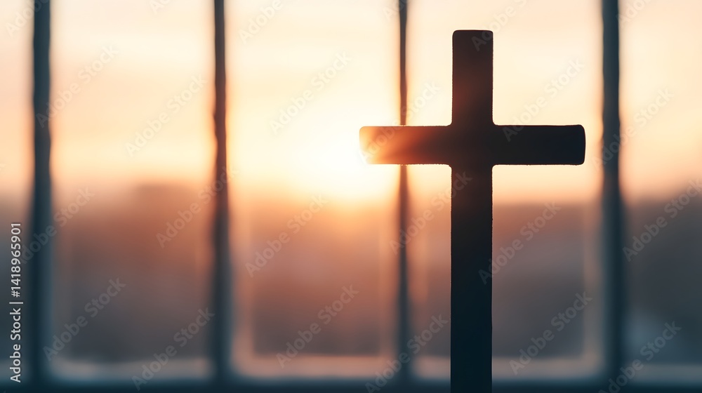 Naklejka premium Crucifix Shadow Illuminated by Sunset During Lent Season