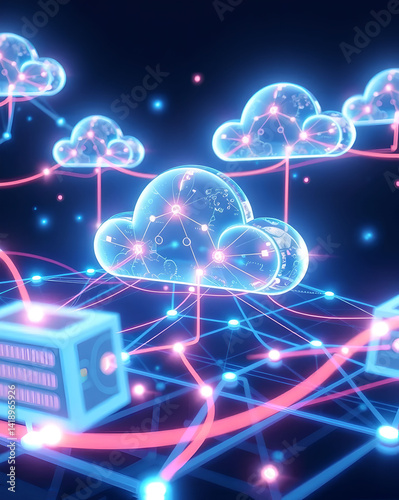 Cloud computing concept. 3d rendering toned image double exposure neon lights