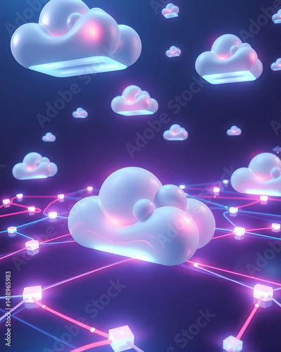 Cloud computing concept, 3d rendering, virtual background. Computer digital drawing.