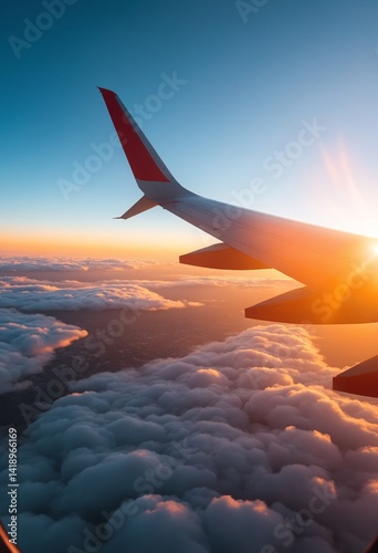 Morning flight with sunlight wing of plane over city view airplane flying above clouds blue sky scenic view from window commercial airline flight mechanics concept