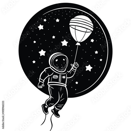 Astronaut Floating with Balloon in Space Illustration: Black and White Cartoon Art of Childlike Spaceman Among Stars for Kids' Designs