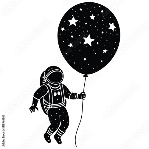 Astronaut Floating with Space Balloon Vector Illustration | Black & White Graphic Art | Outer Space Theme | Kids Room Decor