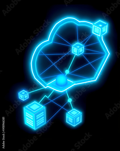 Cloud computing concept neon blue glowing icon on black background 3D rendering