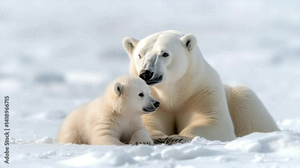 Polar bear mother cuddling her cubs in snowy arctic landscape during daylight Polar bear mother cuddling her cubs in snowy arctic landscape during daylight