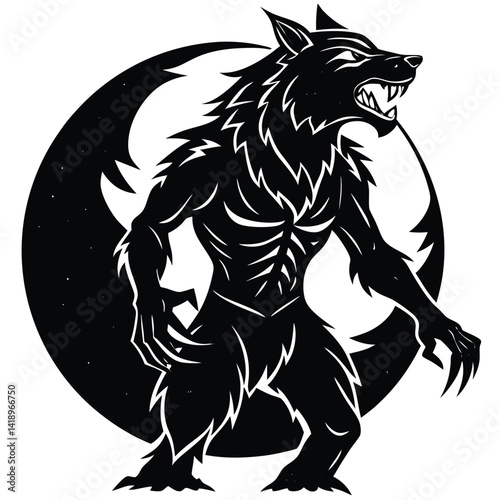 Werewolf Silhouette Illustration: Full Moon, Monster, Fantasy Art, Halloween, Creature, Black and White Graphic, Mythical Beast