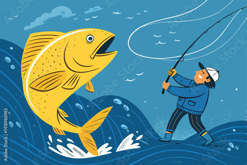 A tiny fisherman, dwarfed by an enormous fish he's triumphantly hauling in,  struggles with his incredible catch.  Focus on the contrast in size.