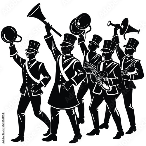 Silhouette Illustration of a Vintage Marching Band with Top Hats and Musical Instruments for Graphic Design Projects