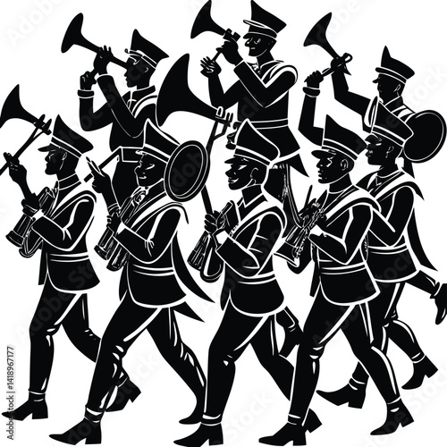 Marching Band Silhouette Illustration: Musicians Playing Instruments in Parade, Black and White Graphic Art for Events and Celebrations
