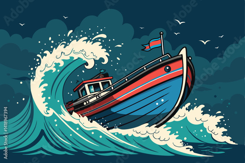 A vibrant image of a traditional Indonesian Perahu boat intensely racing through powerful ocean waves, showcasing skillful maneuvering and the energy of the competition.