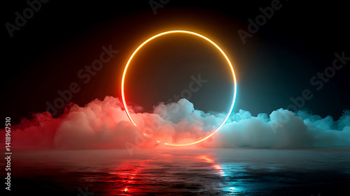 A blue abstract of a fountain in the night sky with moonlight over the dark sea at sunset