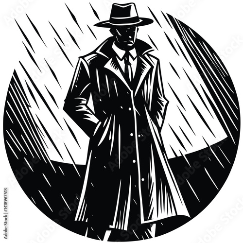 Noir Detective in Trench Coat and Fedora Hat Illustration - Retro Style Mystery Character Art in Black and White Woodcut Design