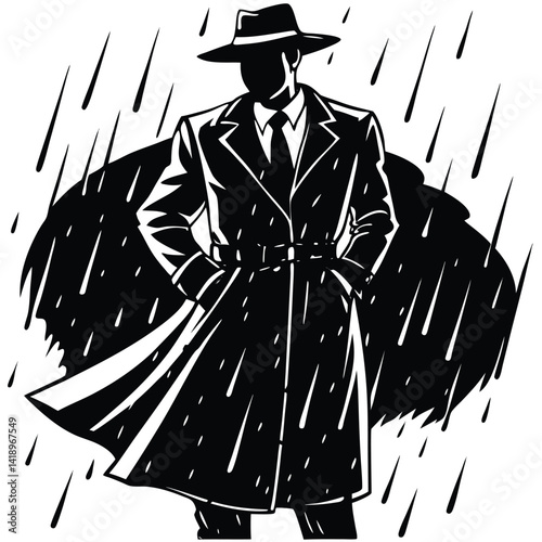 Noir Detective in Rain: Silhouette of Man in Trench Coat & Fedora, Mystery Illustration, Vintage Style, Black and White Graphic Art