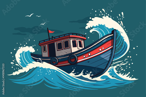 A vibrant image of a traditional Indonesian Perahu boat fiercely racing through powerful ocean waves, showcasing the skill and excitement of the competition.