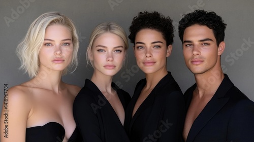 Four models, diverse in hairstyles and skin tones, pose in black jackets.  Effortless elegance
