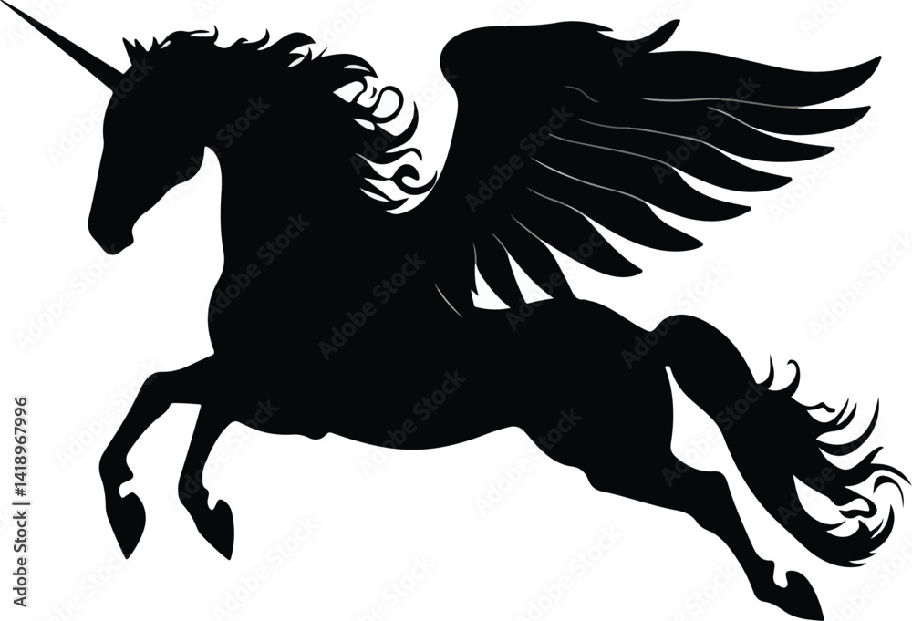 Fototapeta premium flying pegasus line art silhouette vector illustration, Flying unicorn silhouette icon. Clipart image isolated on background