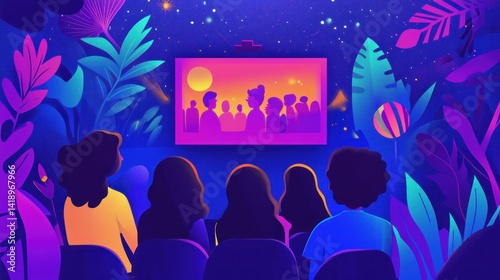 People watching a vibrant sunset movie scene projected on a screen surrounded by lush tropical plants under a starry night sky.