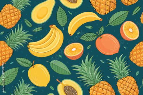 Vibrant seamless vector pattern featuring ripe yellow bananas, lush tropical leaves, and exotic flowers, ideal for textile prints, wallpapers, and packaging.