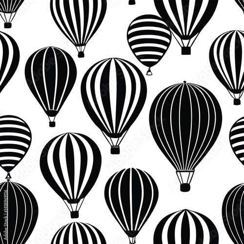Black and White Hot Air Balloons Seamless Pattern: Vintage Style Vector Graphic for Fabric, Wallpaper, and Design Projects