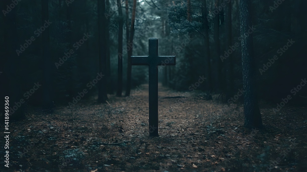 Naklejka premium Solitary Cross in the Dark Forest, Symbolic of Lenten Introspection